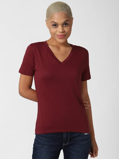 Forever 21 Maroon V Neck T-Shirt Price in India