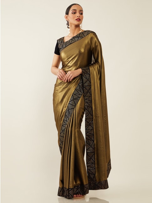 Soch Gold & Black Printed Saree With Unstitched Blouse Price in India