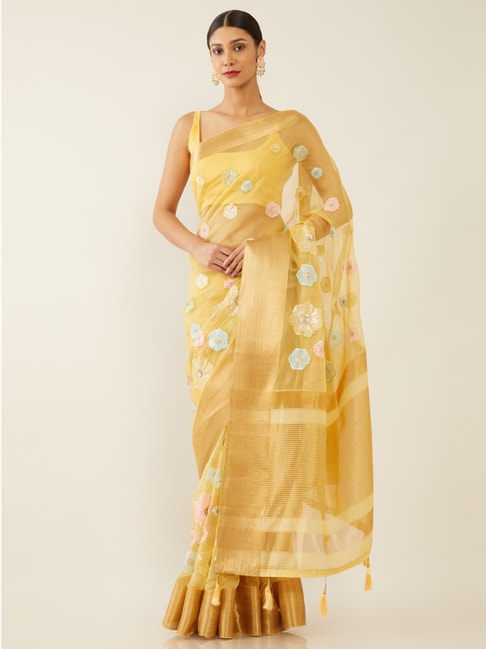 Soch Yellow Embroidered Saree With Unstitched Blouse Price in India