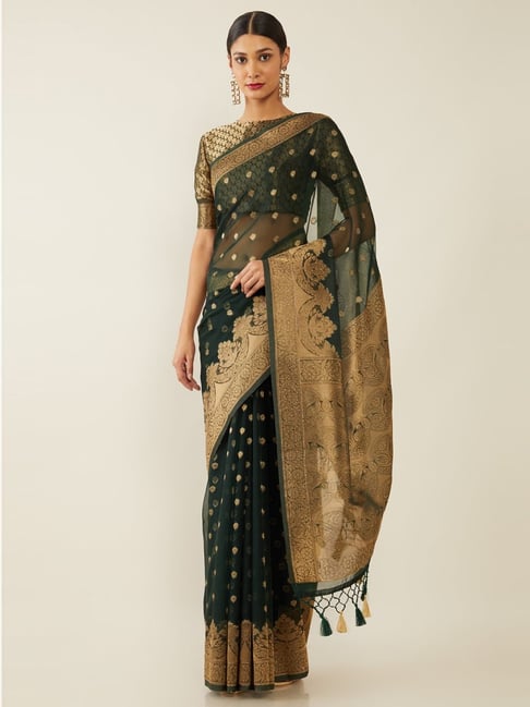 Soch Green & Gold Woven Saree With Unstitched Blouse Price in India