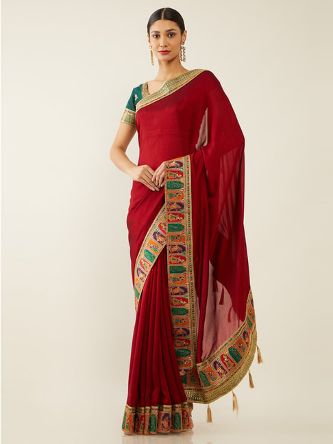 Soch Maroon Woven Saree With Unstitched Blouse Price in India