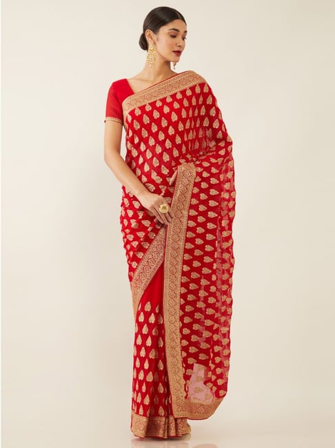 Soch Red Embroidered Saree With Unstitched Blouse