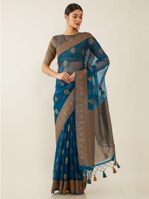Soch Blue & Brown Woven Saree With Unstitched Blouse Price in India