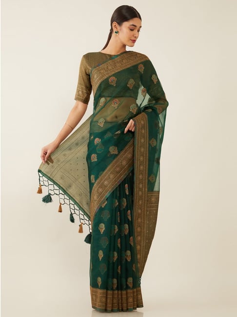 Soch Green & Brown Woven Saree With Unstitched Blouse Price in India