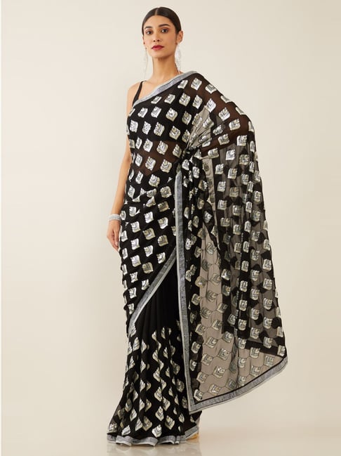 Soch Black & Grey Embroidered Saree With Unstitched Blouse Price in India