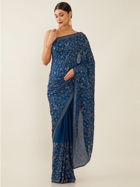 Soch Blue Embellished Saree With Unstitched Blouse Price in India