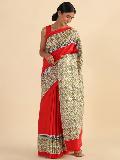 TANEIRA Red Printed Saree With Unstitched Blouse Piece Price in India