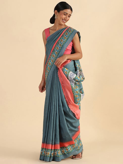 TANEIRA Grey Printed Saree With Unstitched Blouse Piece Price in India