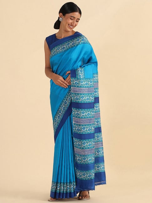TANEIRA Blue Printed Saree With Unstitched Blouse Piece Price in India