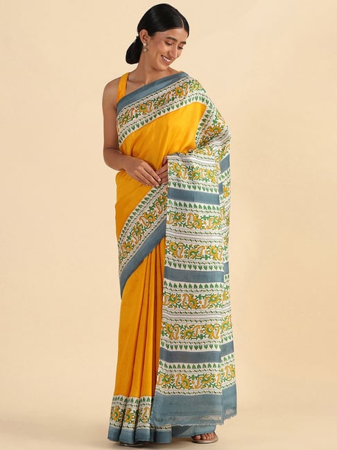 TANEIRA Yellow Printed Saree With Unstitched Blouse Piece Price in India