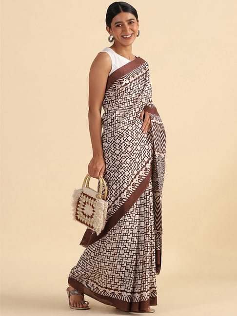 TANEIRA White & Brown Printed Saree With Unstitched Blouse Piece Price in India