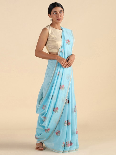 TANEIRA Blue Embroidered Saree With Unstitched Blouse Piece Price in India