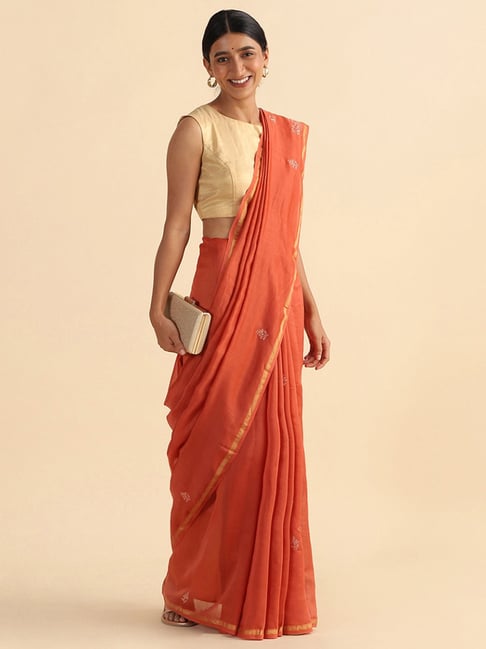 TANEIRA Orange Embroidered Saree With Unstitched Blouse Piece Price in India