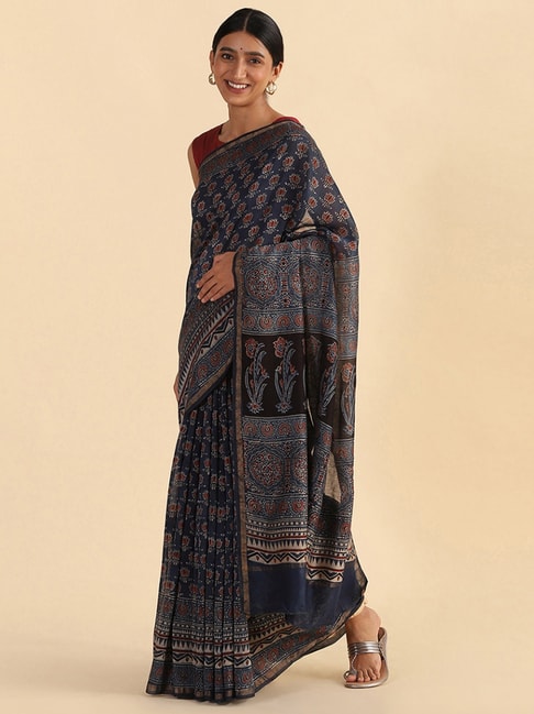 TANEIRA Blue Printed Saree With Unstitched Blouse Piece Price in India