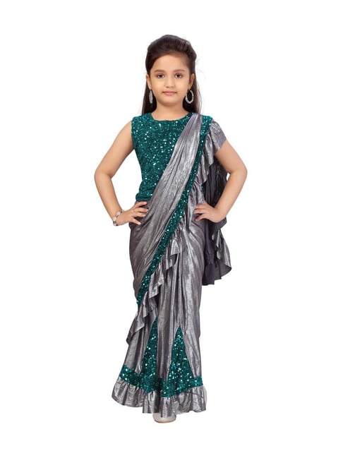 Green Georgette Sharara Saree Set For Girls Design by Mei & Zu at Pernia's  Pop Up Shop 2024