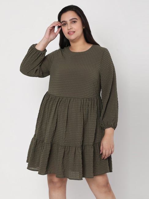 Vero Moda Curve Ivy Green Chequered A-Line Dress Price in India