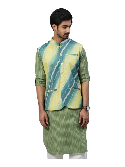 Aks Green & Yellow Regular Fit Printed Nehru Jacket