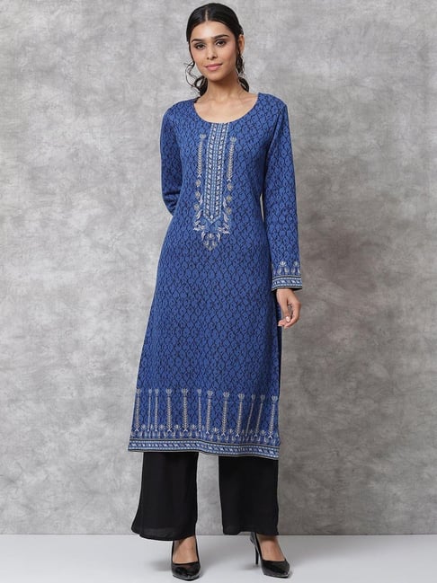 Biba Blue Printed Straight Kurta