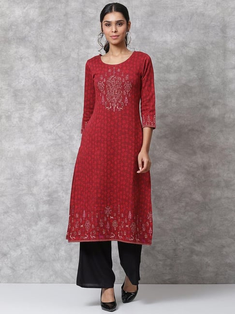 Biba Red Printed Straight Kurta