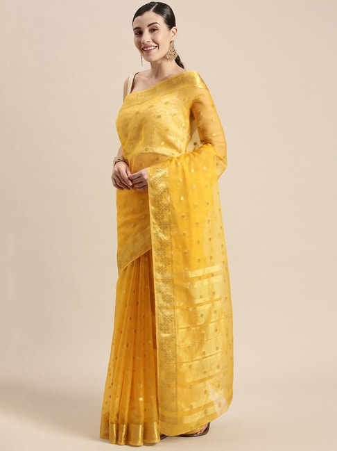 Geroo Jaipur Mustard Woven Saree With Blouse Price in India