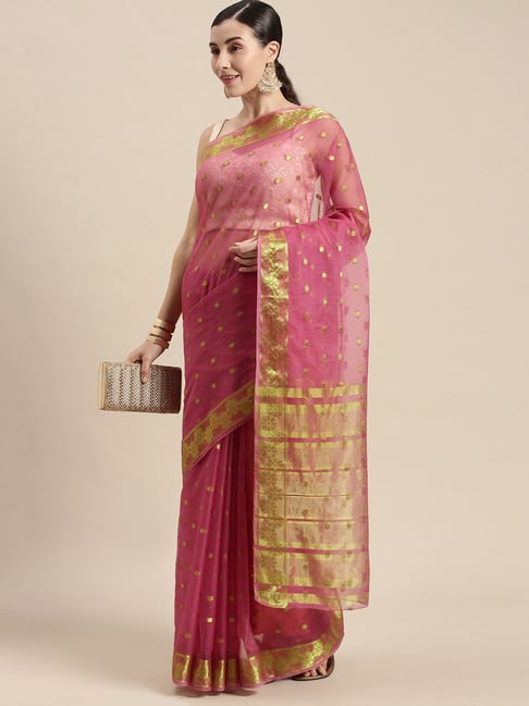 Geroo Jaipur Dark Pink Woven Saree With Blouse Price in India