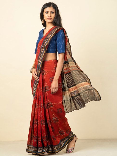 Fabindia Red & Black Printed Saree With Unstitched Blouse Price in India