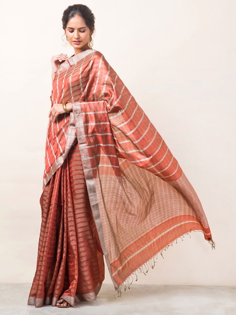 Fabindia Red Striped Saree With Unstitched Blouse Price in India