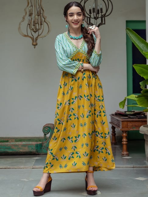 Rustorange Yellow & Blue Printed Maxi Dress Price in India