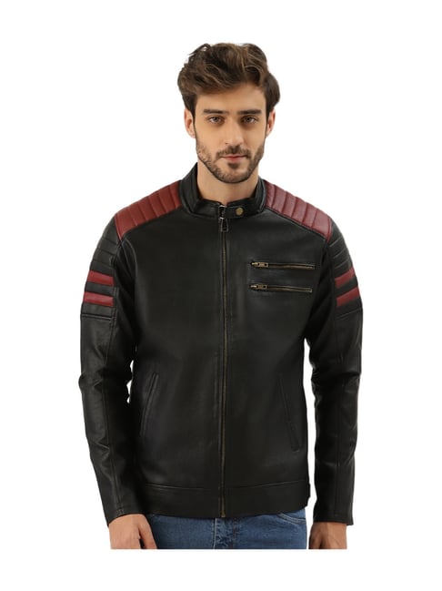 Buy Leather Retail Black Red Full Sleeves Jacket for Men Online