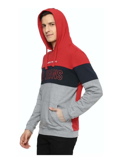 Louis Philippe Jeans Grey & Red Cotton Regular Fit Logo Printed Hooded  Sweatshirt