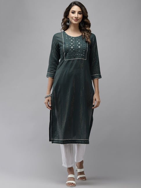 Yufta Green Embroidered Kurta Price in India