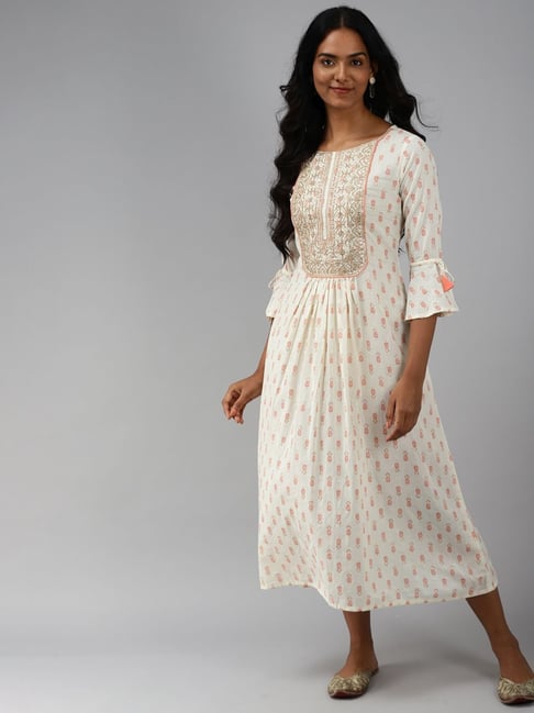 Indo Era White Cotton Embellished A-Line Dress Price in India