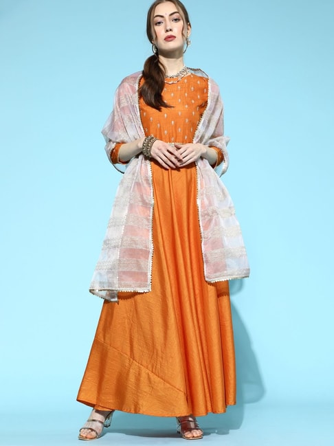 Indo Era Orange Embroidered Anarkali Kurta With Dupatta & Belt Price in India