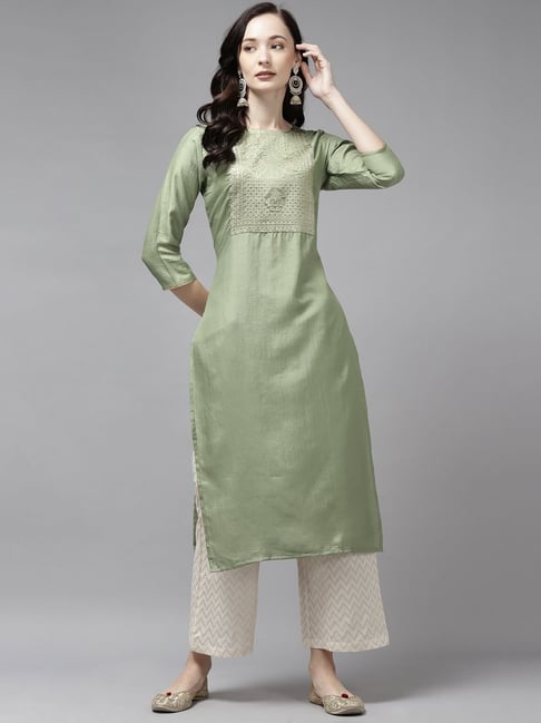 Indo Era Green Woven Pattern Straight Kurta Price in India