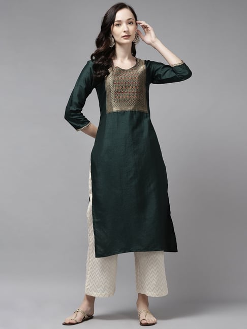 Indo Era Green Woven Pattern Straight Kurta Price in India