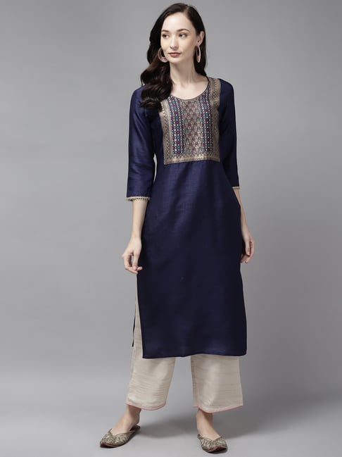 Indo Era Blue Woven Pattern Straight Kurta Price in India