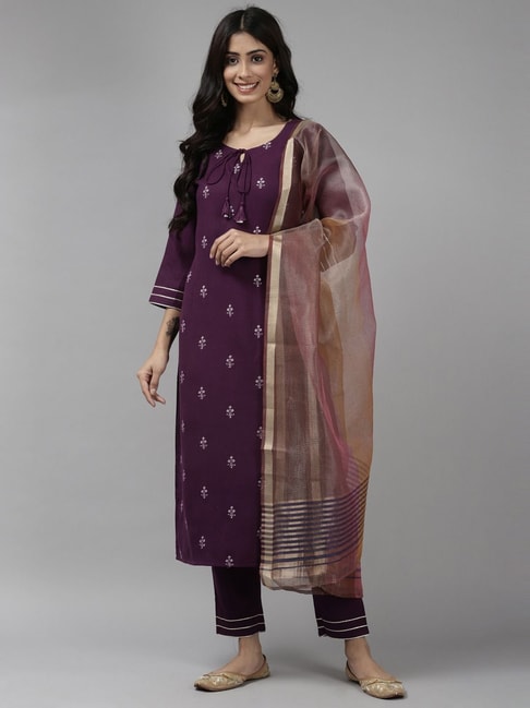 Indo Era Purple Embroidered Kurta Pant Set With Dupatta Price in India