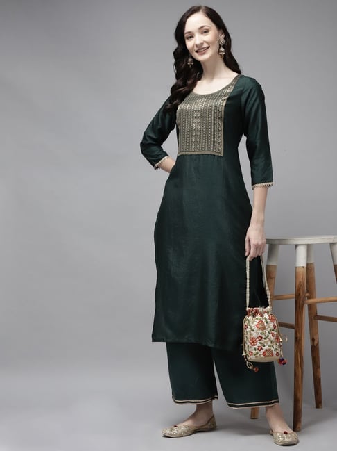 Indo Era Green Woven Pattern Straight Kurta Price in India