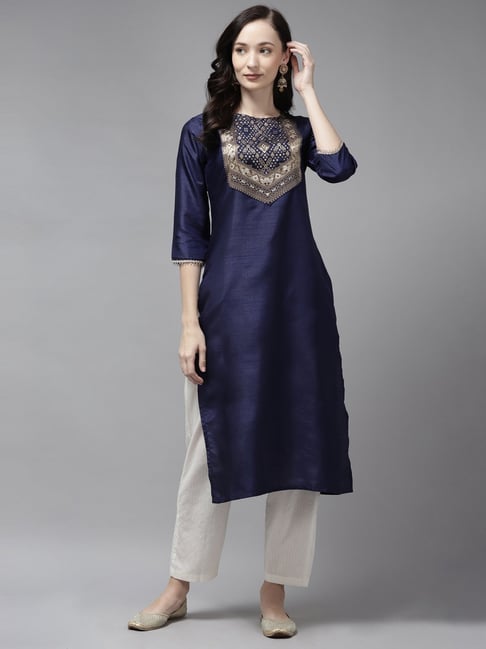 Indo Era Navy Blue Woven Pattern Straight Kurta Price in India