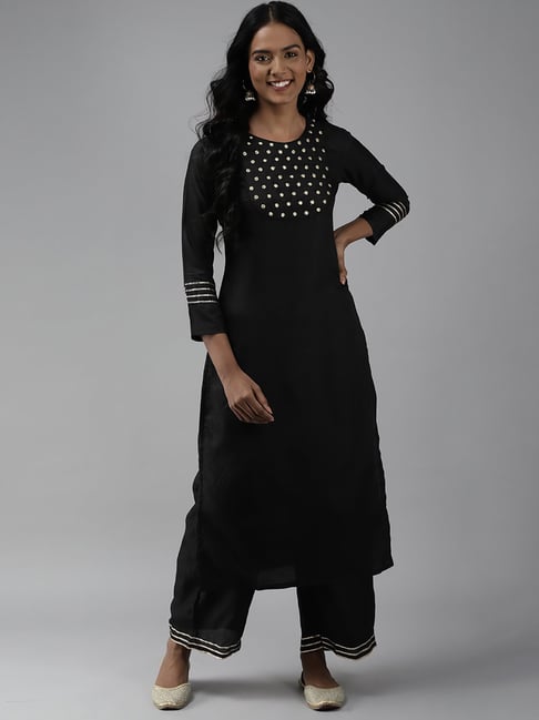 Indo Era Black Embroidered Kurta Palazzo Set Price in India