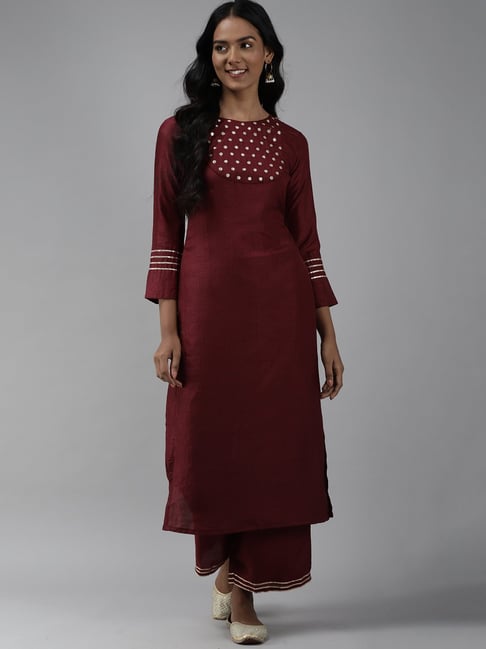 Indo Era Maroon Embroidered Kurta Palazzo Set Price in India