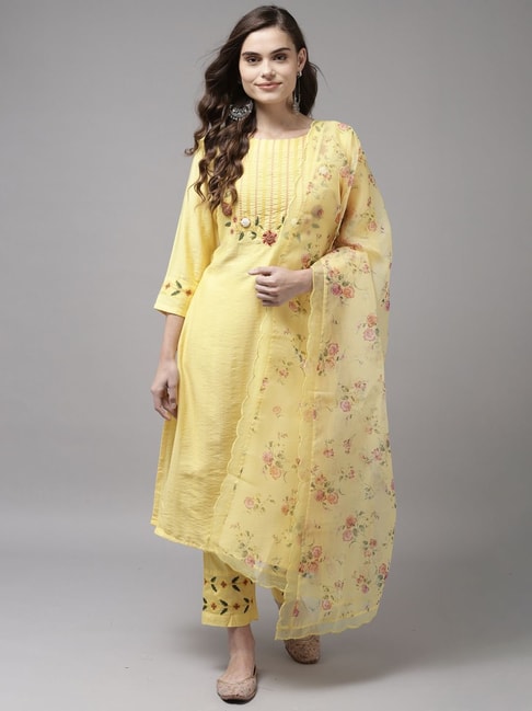 Indo Era Yellow Embroidered Kurta Pant Set With Dupatta Price in India