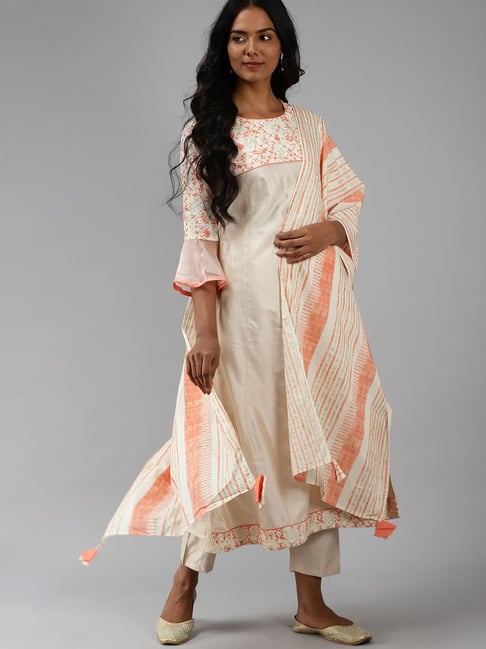 Indo Era White Cotton Printed Kurta Pant Set With Dupatta Price in India