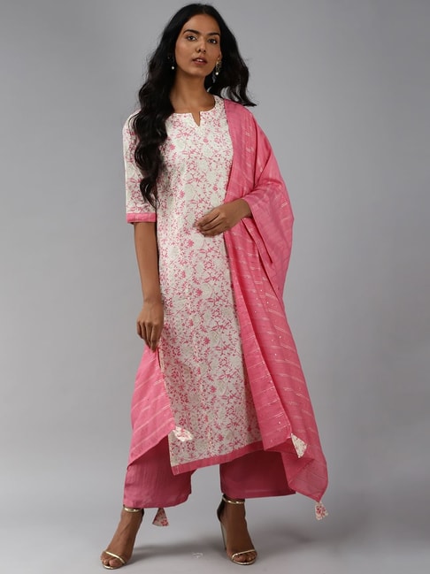 Indo Era White & Pink Cotton Printed Kurta Palazzo Set With Dupatta Price in India