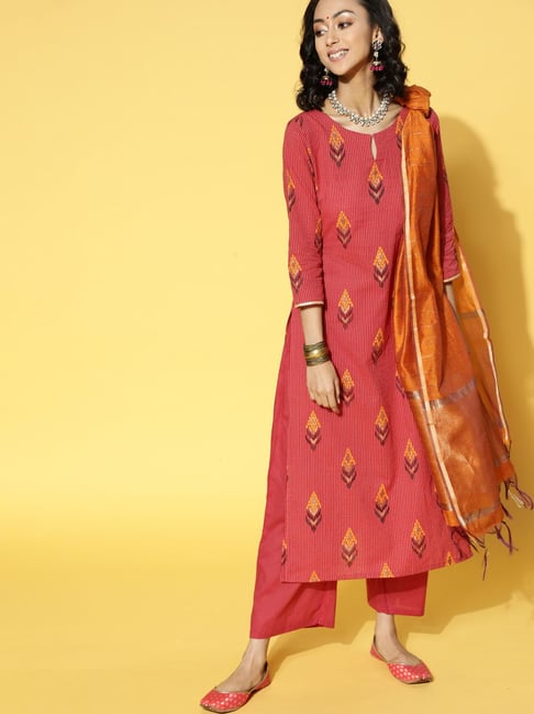 Indo Era Red Printed Kurta Palazzo Set With Dupatta Price in India