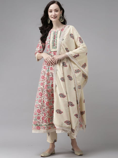 Indo Era White Printed Kurta Pant Set With Dupatta