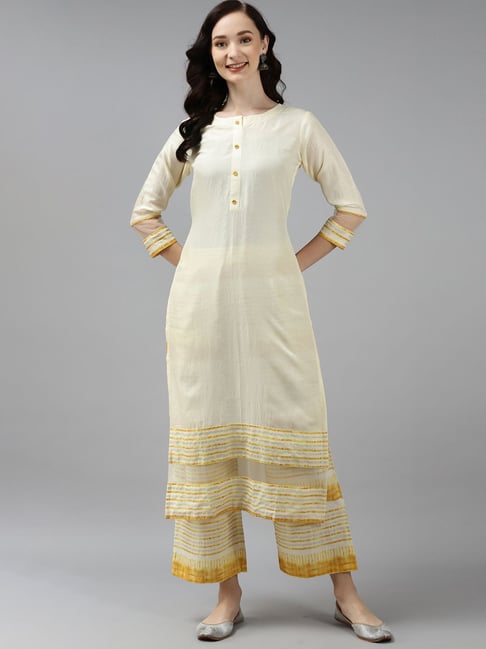 Indo Era White & Yellow Cotton Kurta Palazzo Set Price in India