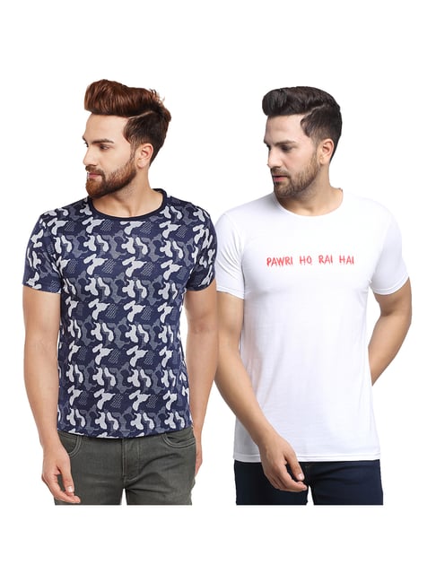 Vimal Jonney Navy & White Printed T-Shirt - Pack of 2