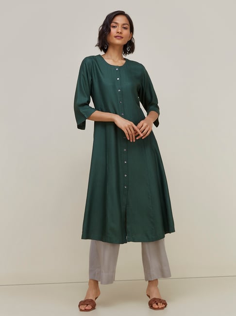 Zuba by Westside Dark Green Fit-and-Flare Patterned Kurta Price in India