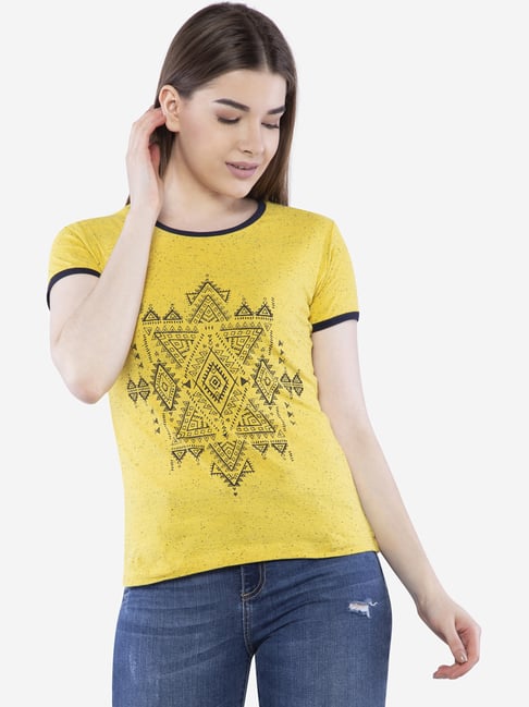 Buy Neva Yellow Cotton Graphic Print T-Shirt for Women Online